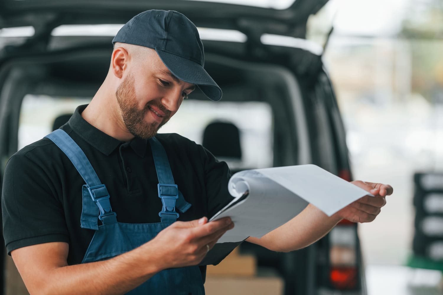 Hombre de entrega revisando una lista de paquetes.